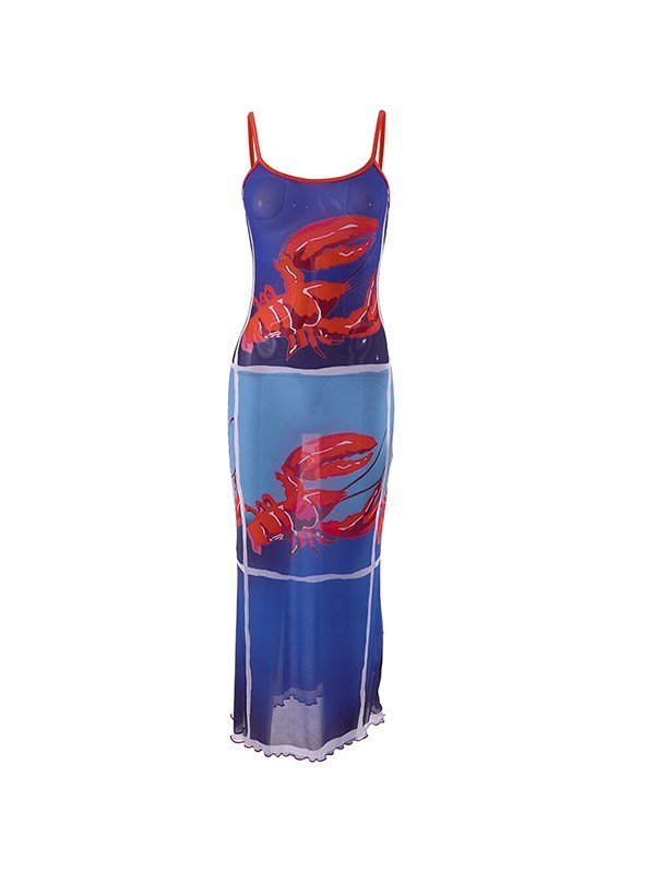 LOBSTER-PRINT MAXI DRESS IN SOFT STRETCH MESH WITH SLIM FIT DESIGN