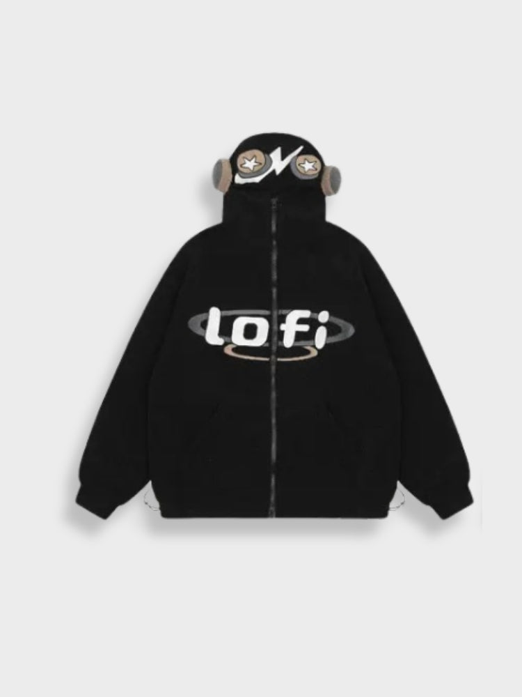 LOFI GRAPHIC BLACK ZIP-UP HOODIE - COMFORTABLE FABRIC GARMENT