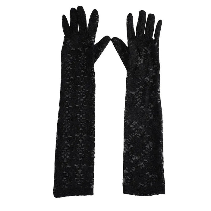 LONG BLACK LACE GLOVES SET FOR ELEGANT OCCASIONS