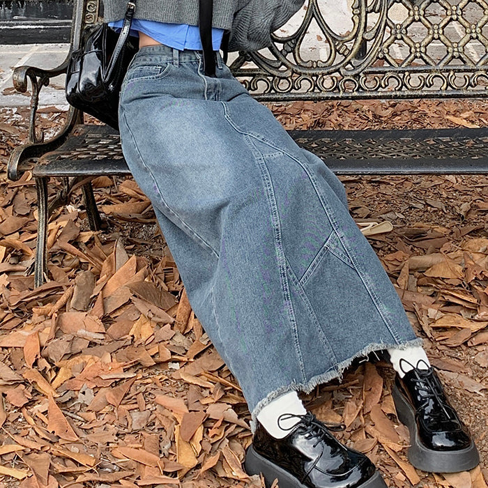 LONG DENIM SKIRT WITH PATCHWORK DESIGN FASHION SKIRT FOR WOMEN