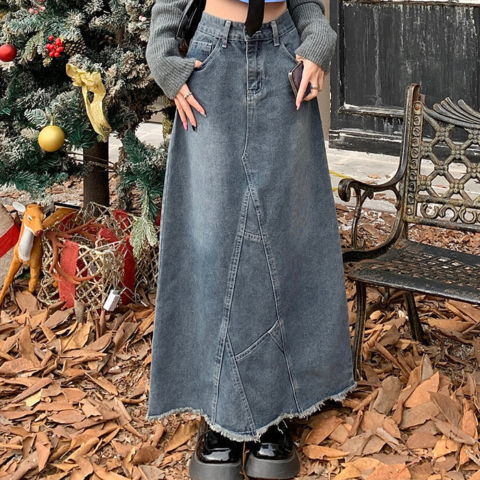 LONG DENIM SKIRT WITH PATCHWORK DESIGN FASHION SKIRT FOR WOMEN