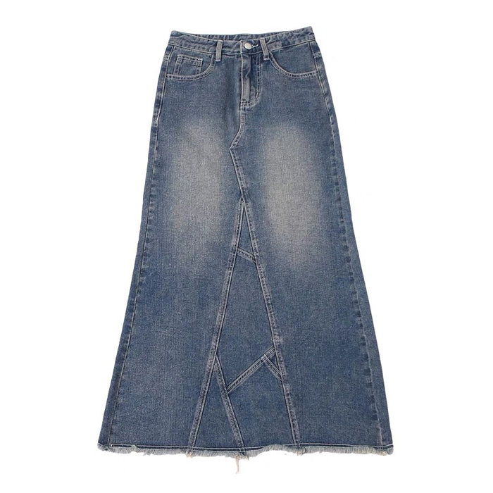 LONG DENIM SKIRT WITH PATCHWORK DESIGN FASHION SKIRT FOR WOMEN