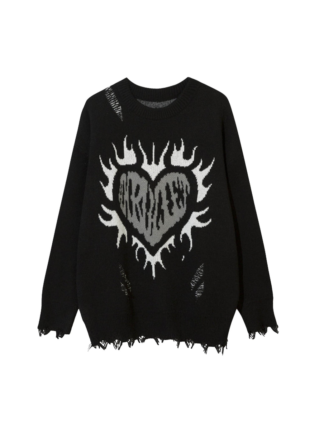 LONG SLEEVE BLACK DISTRESSED SWEATER WITH HEART GRAPHIC TRENDY CASUAL