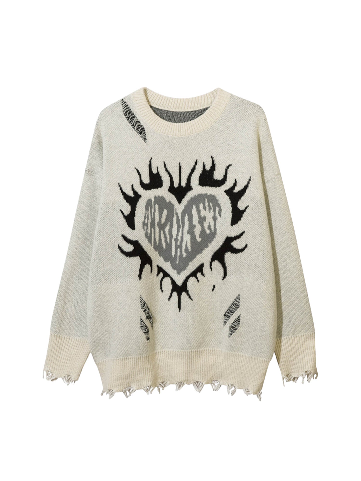 LONG SLEEVE BLACK DISTRESSED SWEATER WITH HEART GRAPHIC TRENDY CASUAL