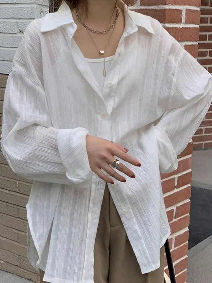 LONG SLEEVE BUTTON-DOWN SHIRT WITH SHEER DETAIL - LONG SLEEVE KNIT