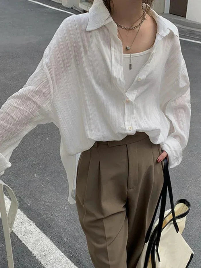 LONG SLEEVE BUTTON-DOWN SHIRT WITH SHEER DETAIL - LONG SLEEVE KNIT