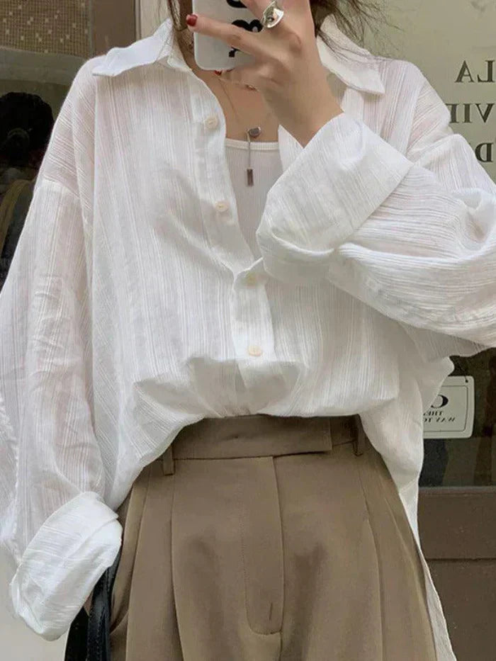 LONG SLEEVE BUTTON-DOWN SHIRT WITH SHEER DETAIL - LONG SLEEVE KNIT