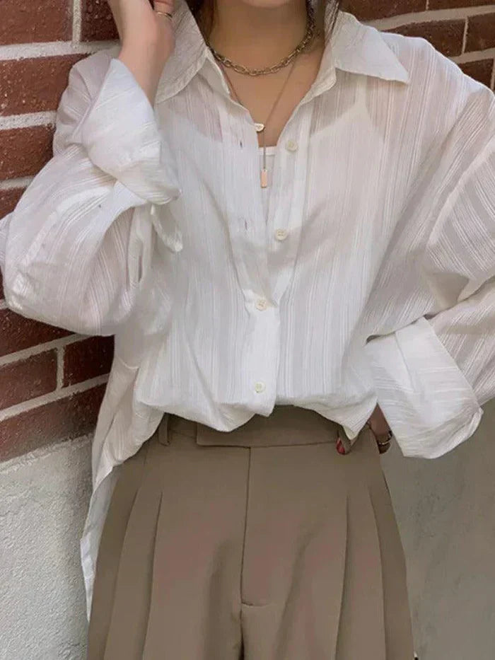 LONG SLEEVE BUTTON-DOWN SHIRT WITH SHEER DETAIL - LONG SLEEVE KNIT