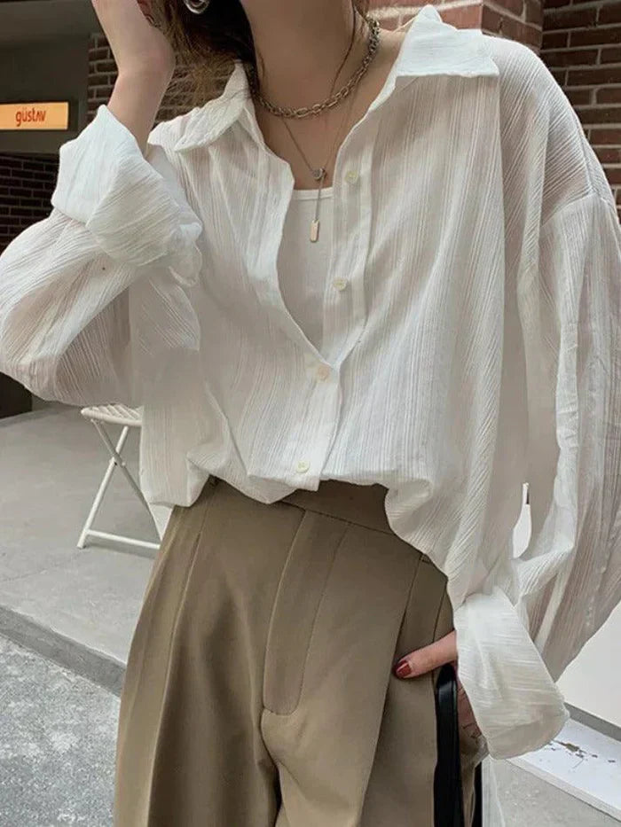 LONG SLEEVE BUTTON-DOWN SHIRT WITH SHEER DETAIL - LONG SLEEVE KNIT