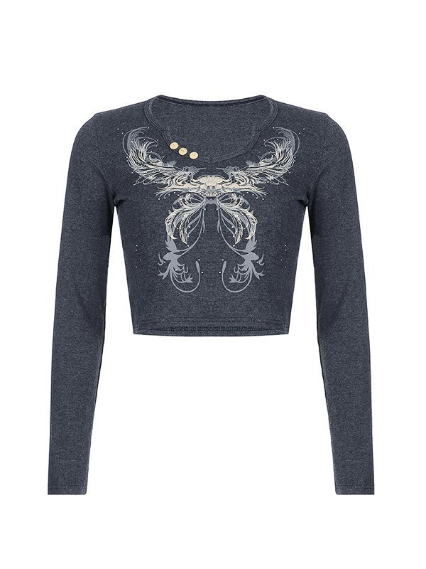 LONG SLEEVE CROP TOP WITH SILVER EMBELLISHMENTS - LONG SLEEVE CROP