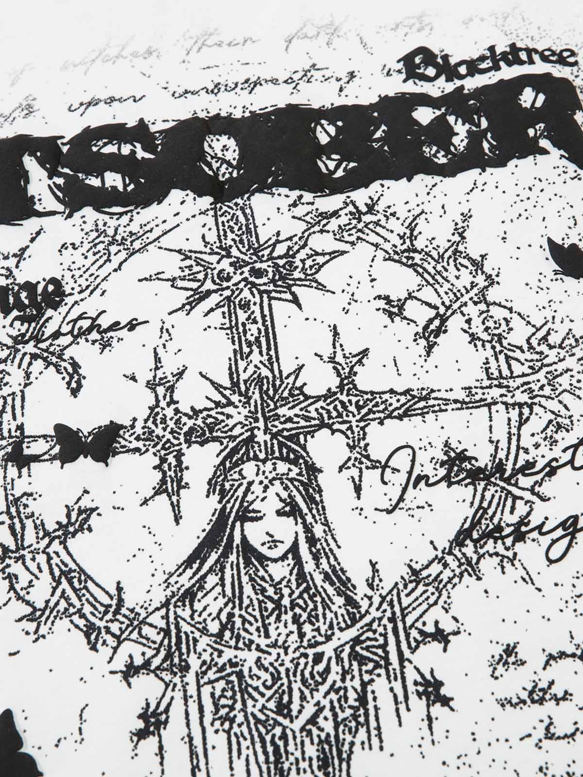 LONG SLEEVE GRAPHIC SHIRT WITH DRAWSTRING COLLAR IN WHITE AND BLACK