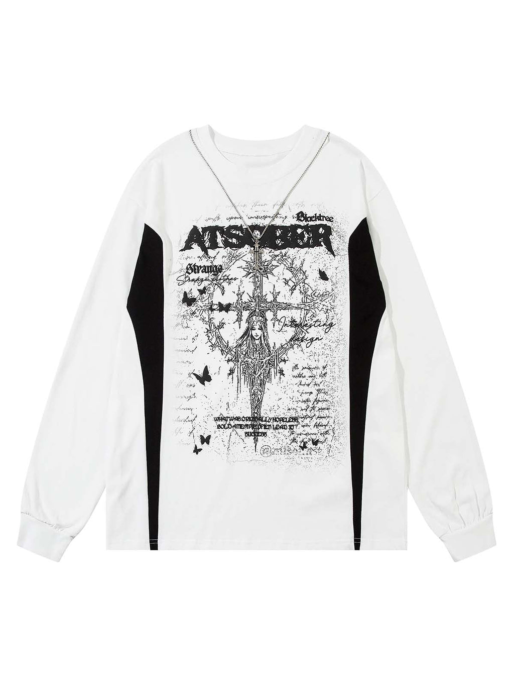LONG SLEEVE GRAPHIC SHIRT WITH DRAWSTRING COLLAR IN WHITE AND BLACK