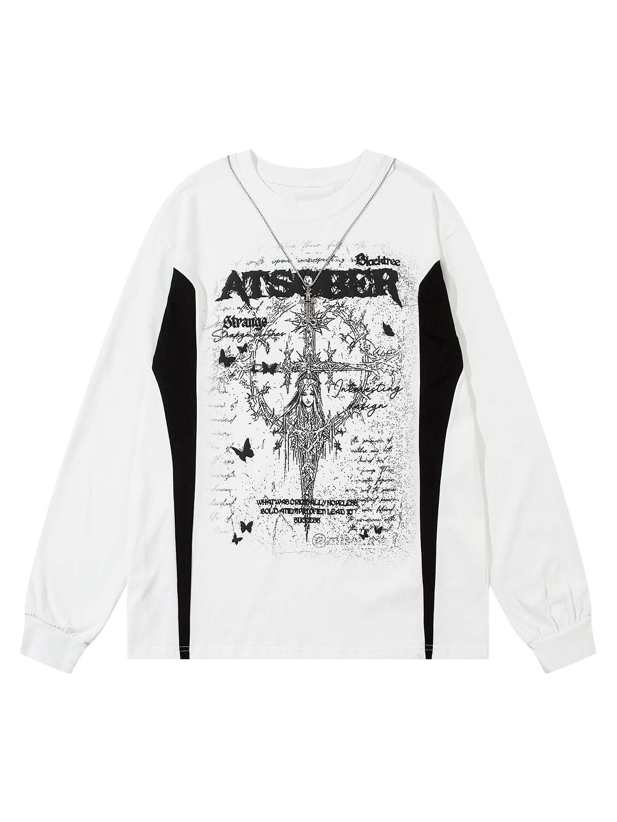 LONG SLEEVE GRAPHIC SHIRT WITH DRAWSTRING COLLAR IN WHITE AND BLACK