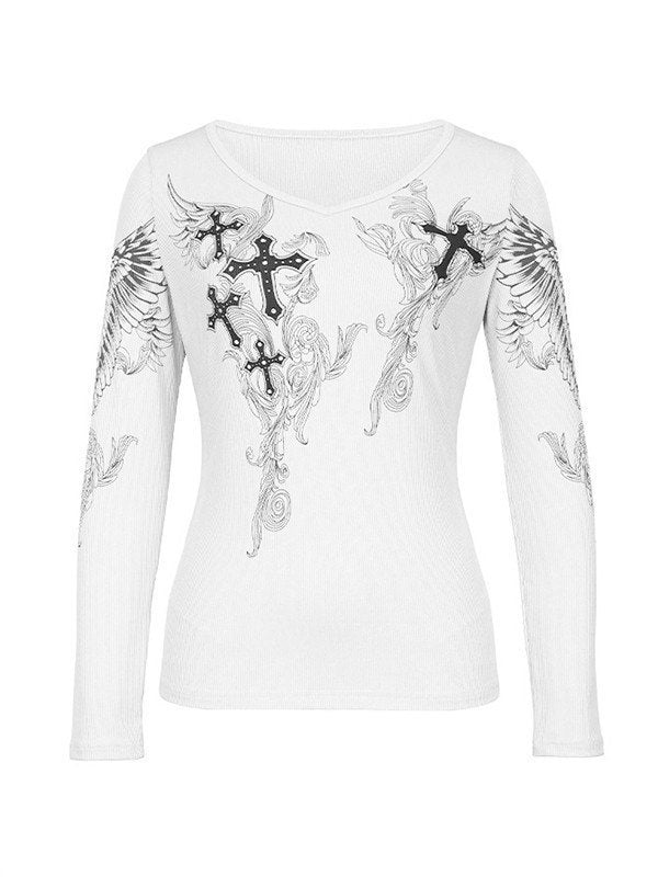 LONG SLEEVE SHIRT WITH CROSS DESIGNS AND GRUNGE V NECK STYLE