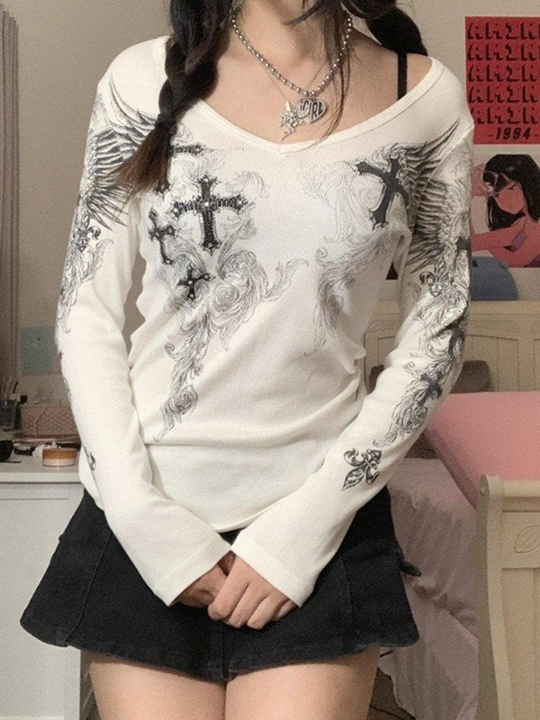 LONG SLEEVE SHIRT WITH CROSS DESIGNS AND GRUNGE V NECK STYLE