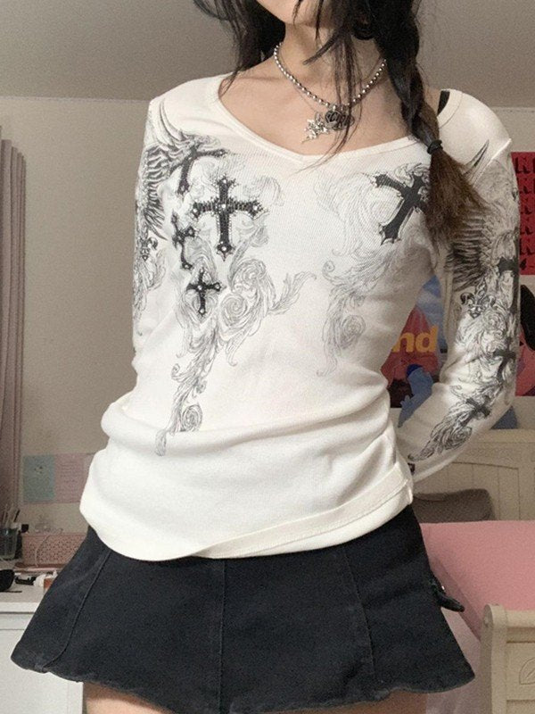 LONG SLEEVE SHIRT WITH CROSS DESIGNS AND GRUNGE V NECK STYLE