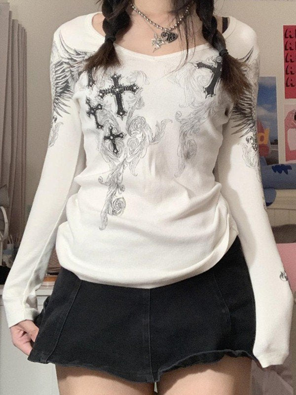 LONG SLEEVE SHIRT WITH CROSS DESIGNS AND GRUNGE V NECK STYLE