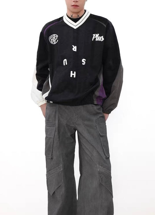 LONG SLEEVE SHIRT WITH SPLICE COLLAR IN WHITE AND BLACK