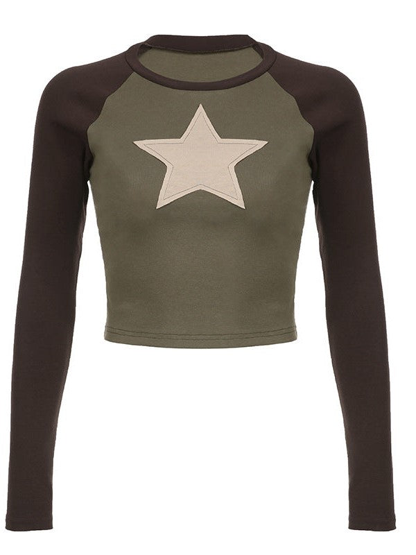 LONG SLEEVE SHIRT WITH STARS IN GREEN AND BROWN - Y2K SLIM FIT