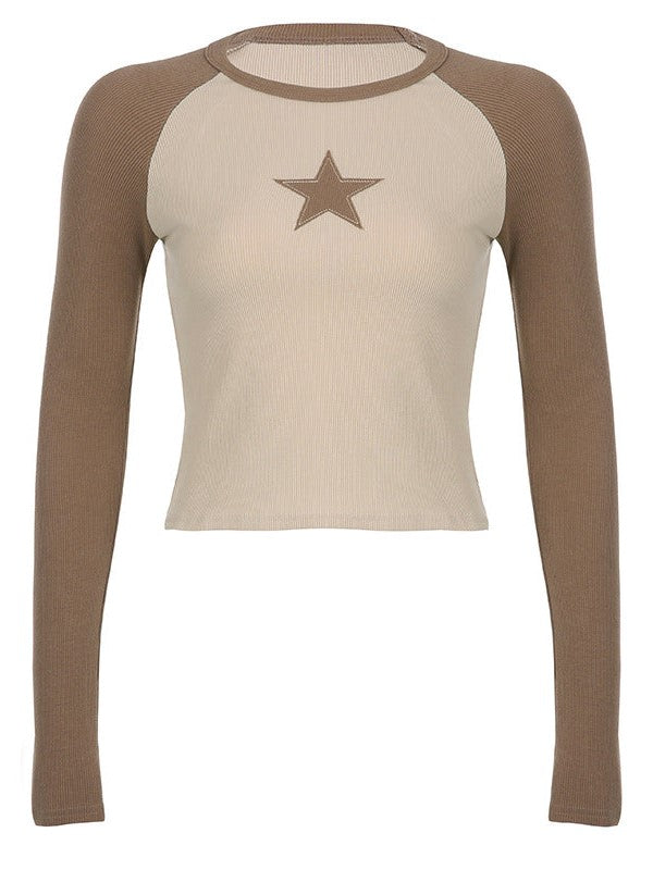 LONG SLEEVE SHIRT WITH STARS IN GREEN AND BROWN - Y2K SLIM FIT