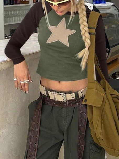 LONG SLEEVE SHIRT WITH STARS IN GREEN AND BROWN - Y2K SLIM FIT