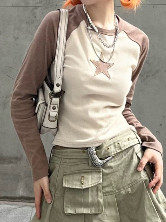 LONG SLEEVE SHIRT WITH STARS IN GREEN AND BROWN - Y2K SLIM FIT