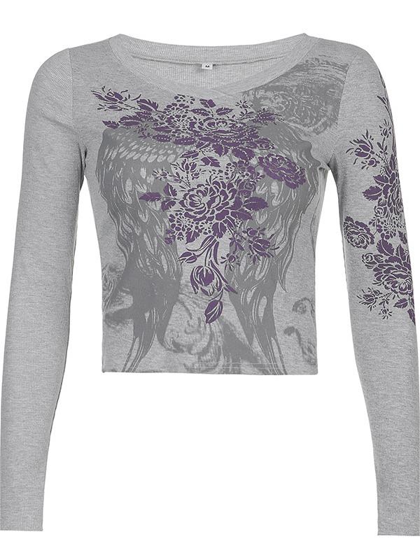 LONG SLEEVE SLIM FIT SHIRT WITH FLORAL AND WING DESIGN Y2K STYLE