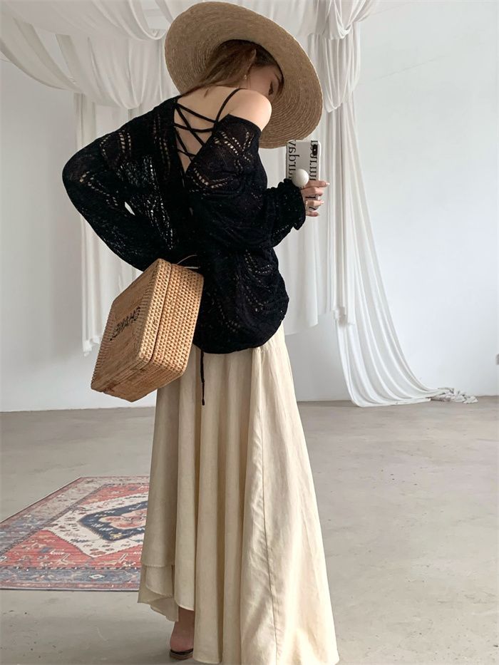 LONG SLEEVE VINTAGE-MODERN HOLLOW OPEN-KNIT SWEATER WITH BACK STRAPS