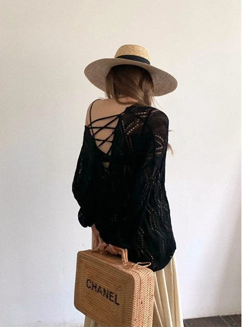 LONG SLEEVE VINTAGE-MODERN HOLLOW OPEN-KNIT SWEATER WITH BACK STRAPS