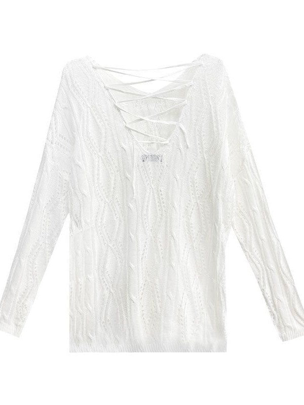 LONG SLEEVE VINTAGE-MODERN HOLLOW OPEN-KNIT SWEATER WITH BACK STRAPS