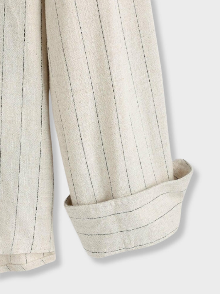 LONG-SLEEVED BAND-COLLAR SHIRT IN LIGHT BROWN LINEN