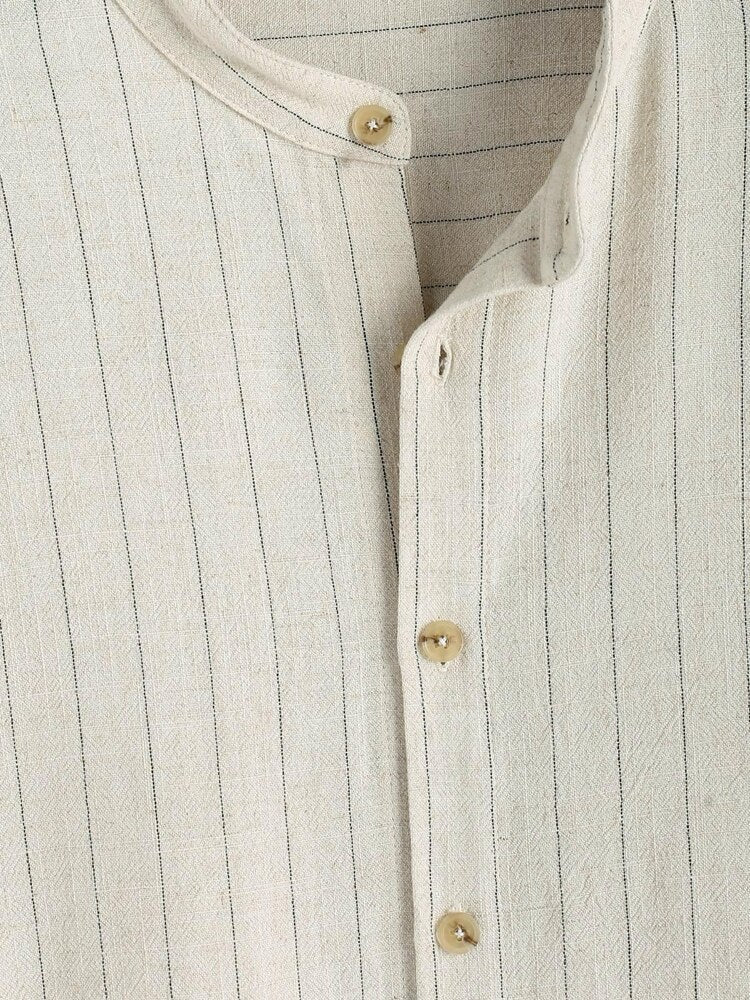 LONG-SLEEVED BAND-COLLAR SHIRT IN LIGHT BROWN LINEN