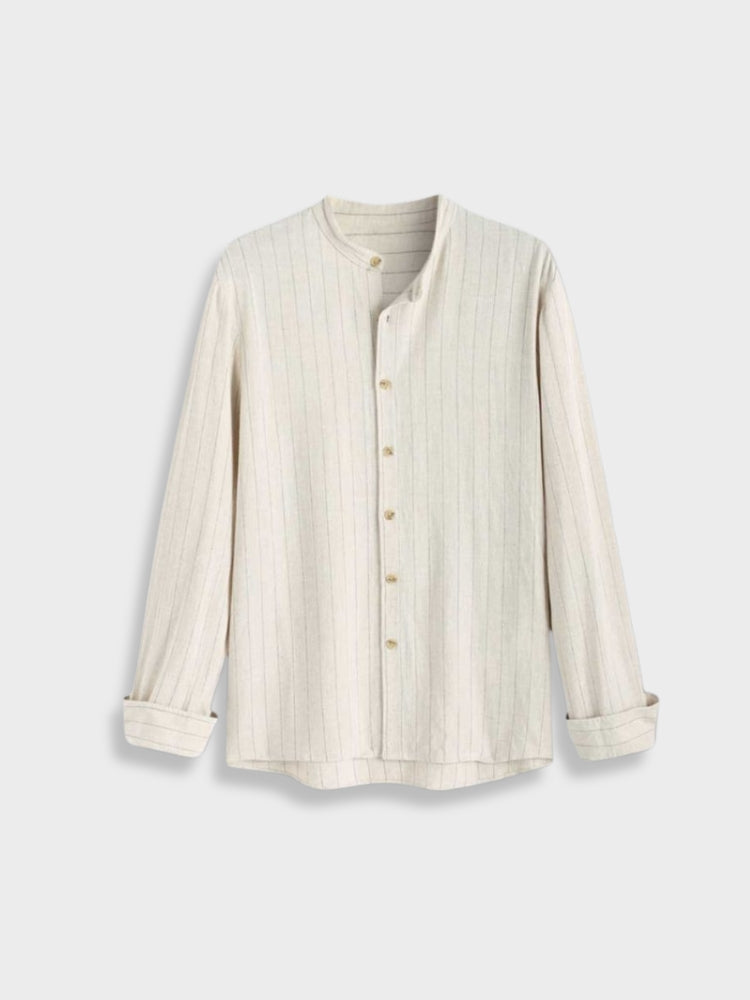 LONG-SLEEVED BAND-COLLAR SHIRT IN LIGHT BROWN LINEN