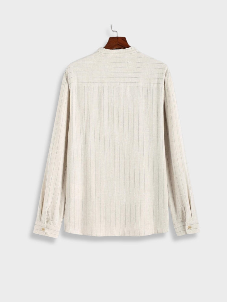 LONG-SLEEVED BAND-COLLAR SHIRT IN LIGHT BROWN LINEN