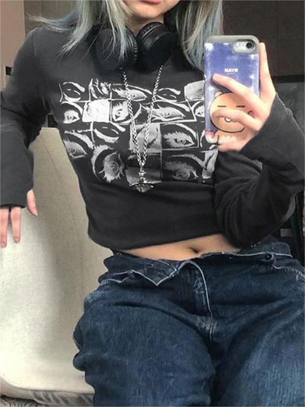 LONG-SLEEVED EYE-PRINT SHIRT - CASUAL SLIM FIT CREW NECK