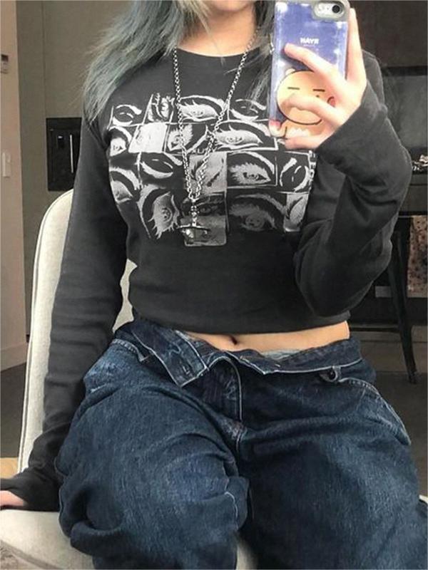 LONG-SLEEVED EYE-PRINT SHIRT - CASUAL SLIM FIT CREW NECK