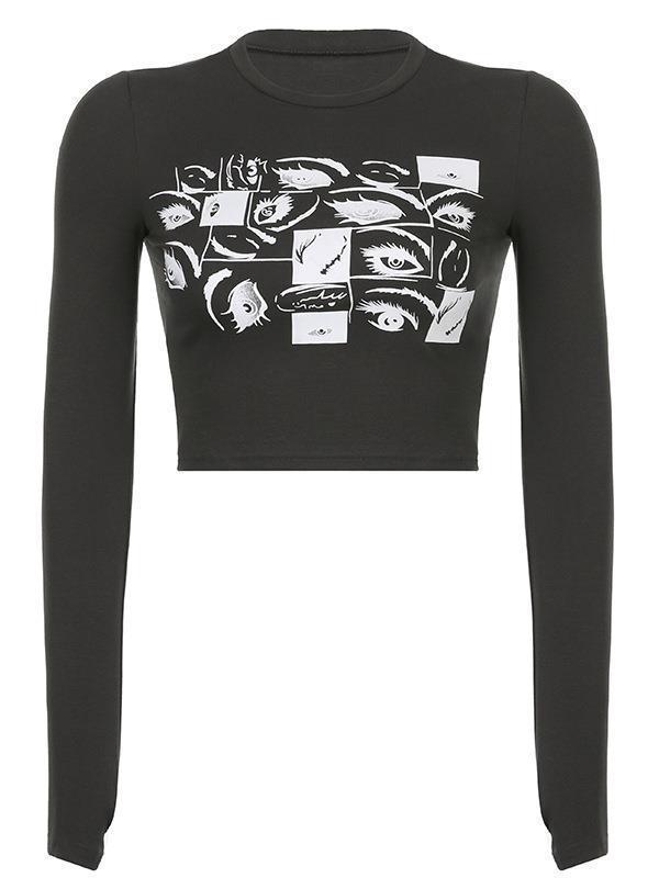 LONG-SLEEVED EYE-PRINT SHIRT - CASUAL SLIM FIT CREW NECK