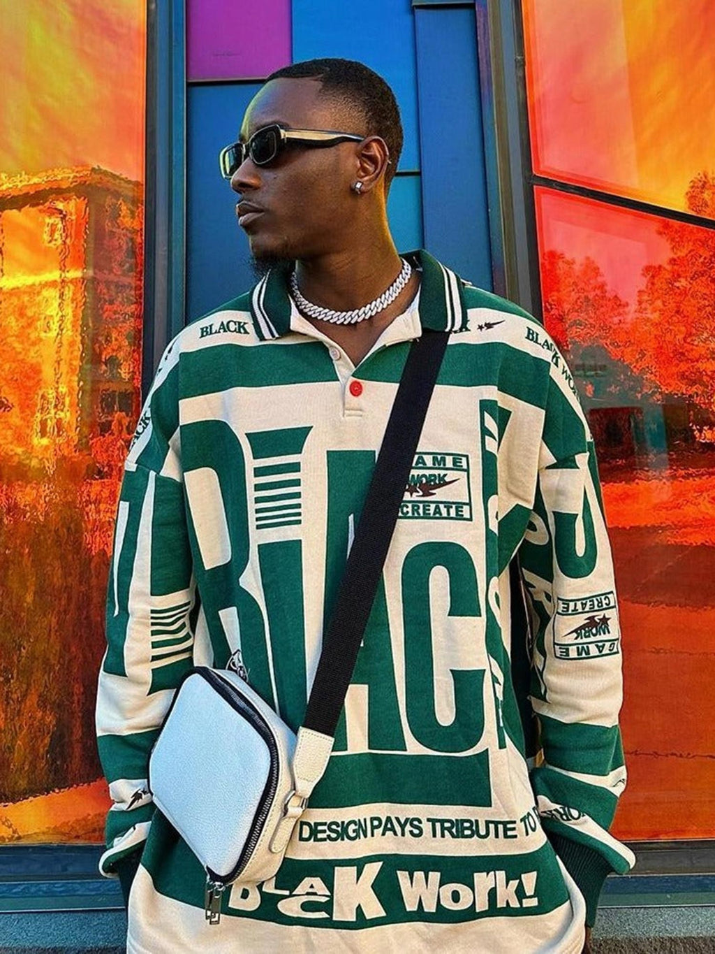 LONG-SLEEVED POLO SHIRT WITH GRAPHIC DESIGN - BLACK WORK GRAPHIC