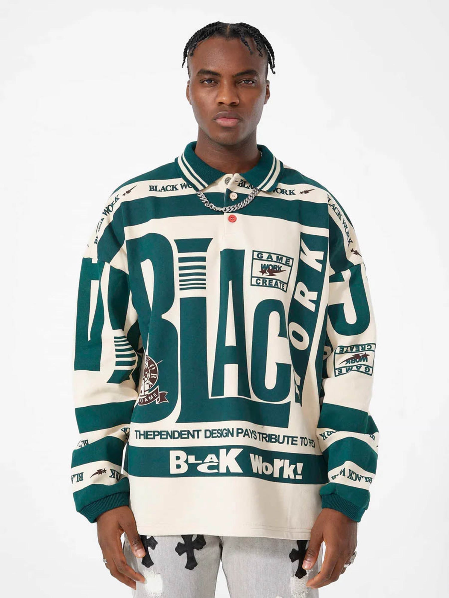 LONG-SLEEVED POLO SHIRT WITH GRAPHIC DESIGN - BLACK WORK GRAPHIC