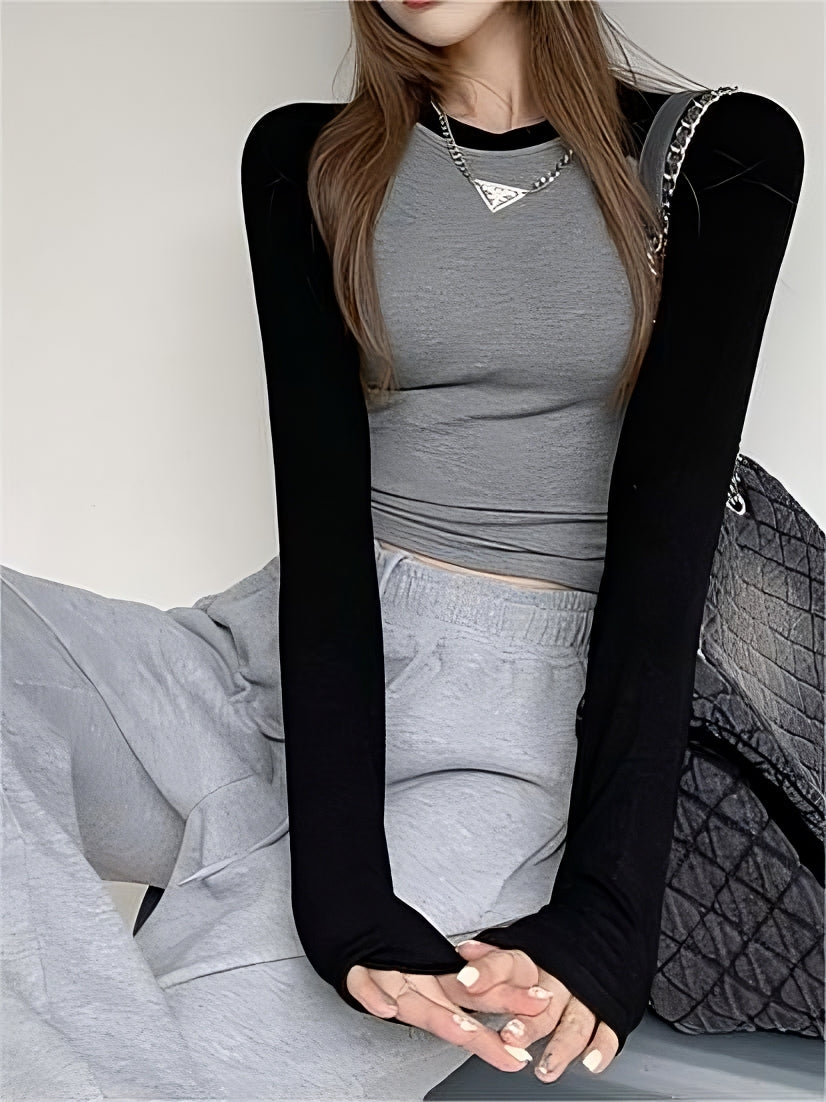 LONG-SLEEVED SHIRT WITH RAGLAN SLEEVE RIB IN GRAY AND BLACK