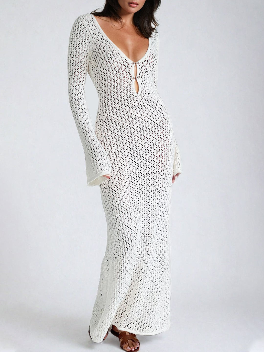 LONG WHITE CROCHETED DRESS WITH VACATION KNITTED DESIGN