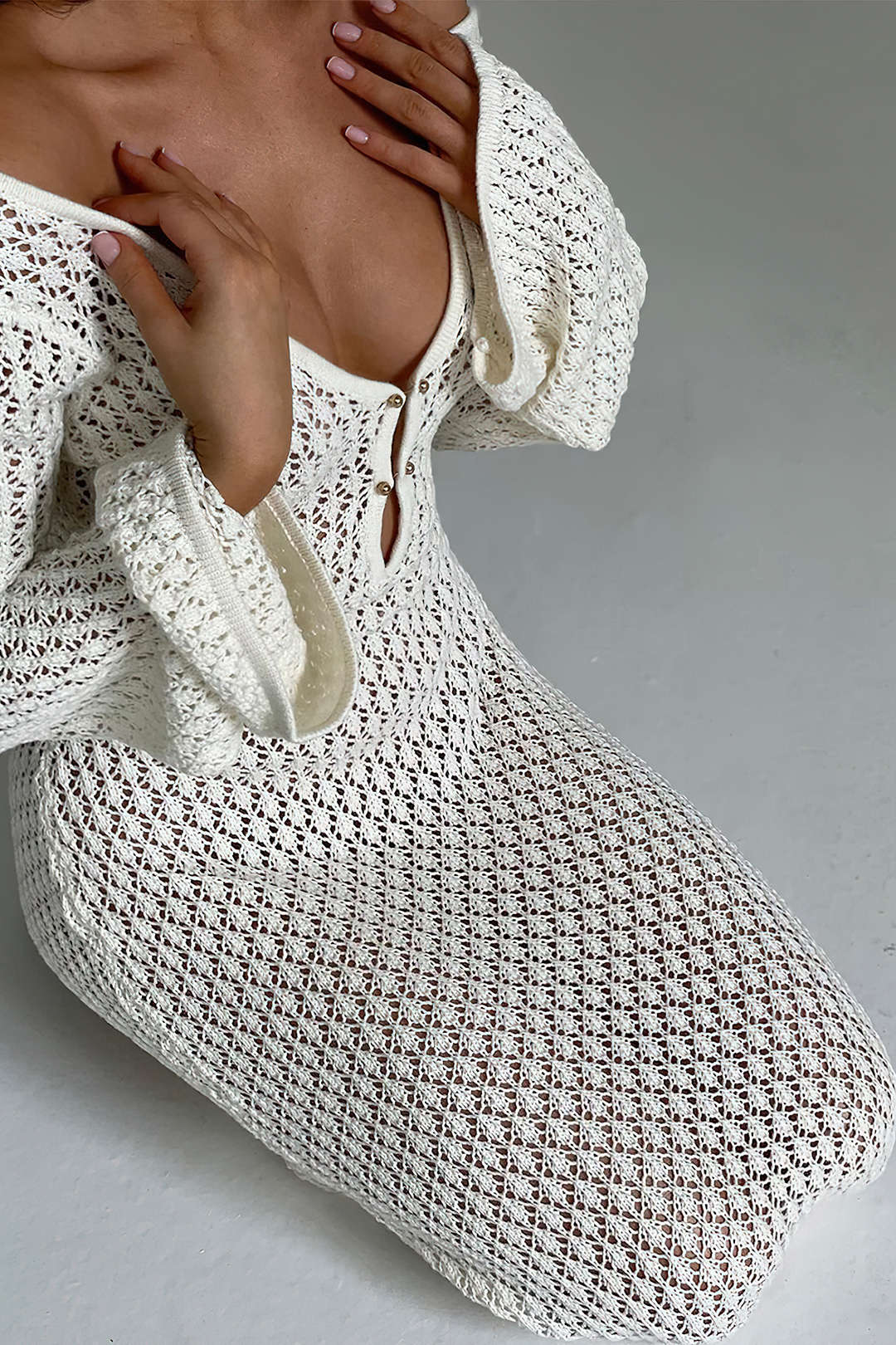 LONG WHITE CROCHETED DRESS WITH VACATION KNITTED DESIGN