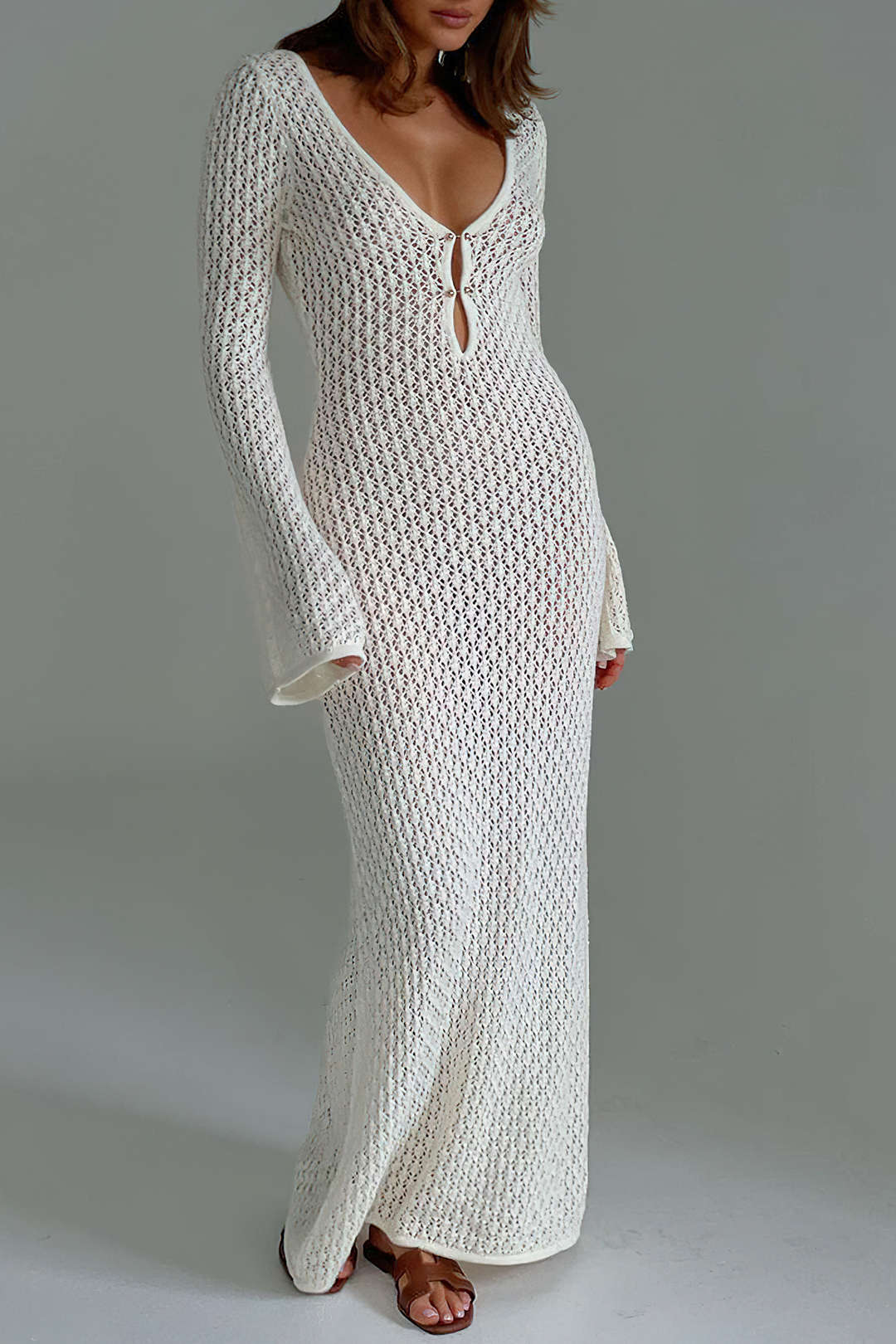 LONG WHITE CROCHETED DRESS WITH VACATION KNITTED DESIGN