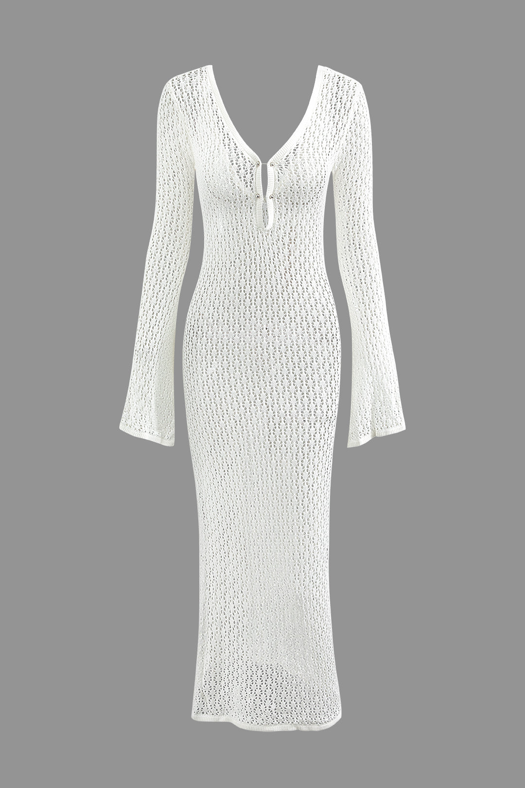 LONG WHITE CROCHETED DRESS WITH VACATION KNITTED DESIGN