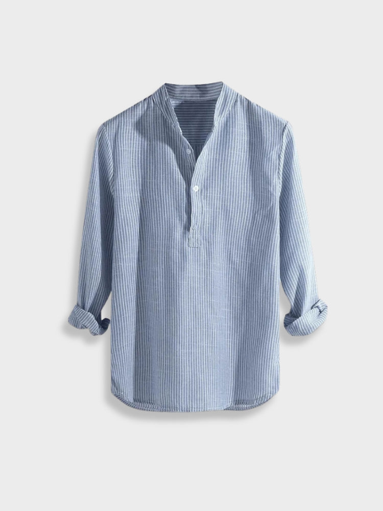 LONGSLEEVE MARINE HENLEY BLUE AND WHITE STRIPED SHIRT
