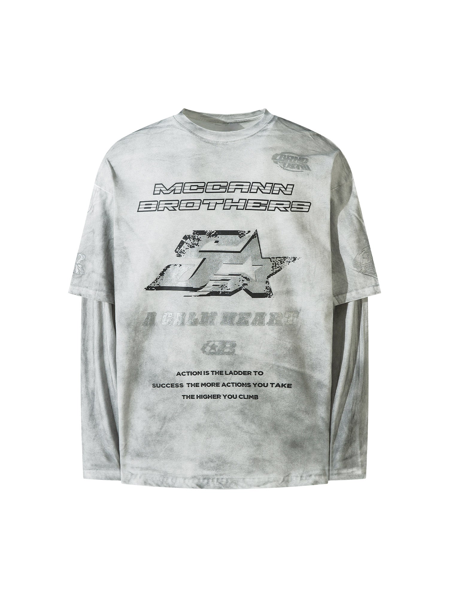GRAY LONG SLEEVE GRAPHIC T-SHIRT WITH ROUND COLLAR AND LOOSE FIT