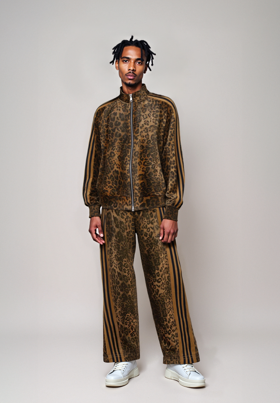 LEOPARD PRINT TRACKSUIT WITH LONG SLEEVE AND STAND COLLAR