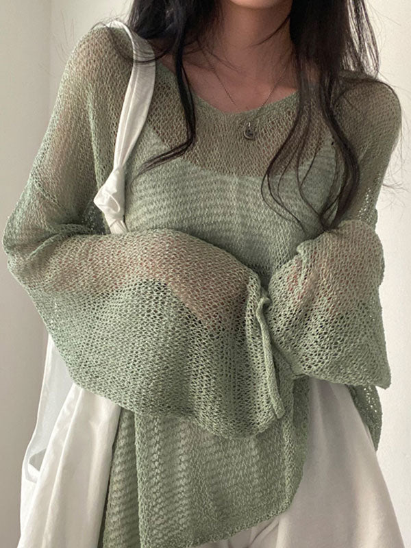 LOOSE FIT SHEER GREEN KNIT TOP FOR HOLIDAY STYLE