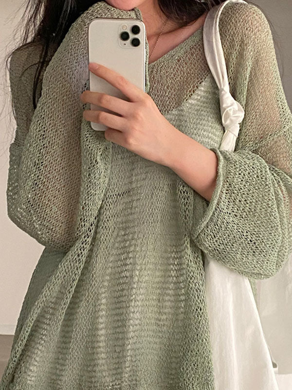 LOOSE FIT SHEER GREEN KNIT TOP FOR HOLIDAY STYLE