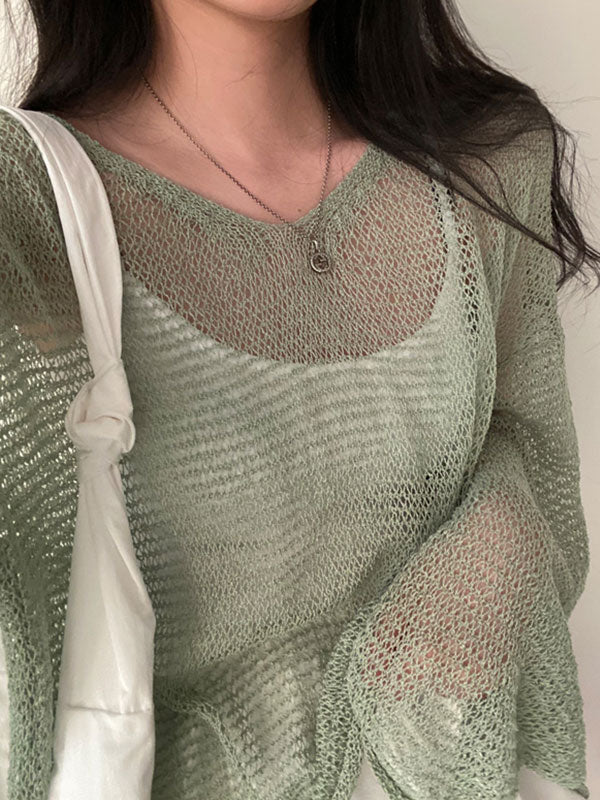 LOOSE FIT SHEER GREEN KNIT TOP FOR HOLIDAY STYLE